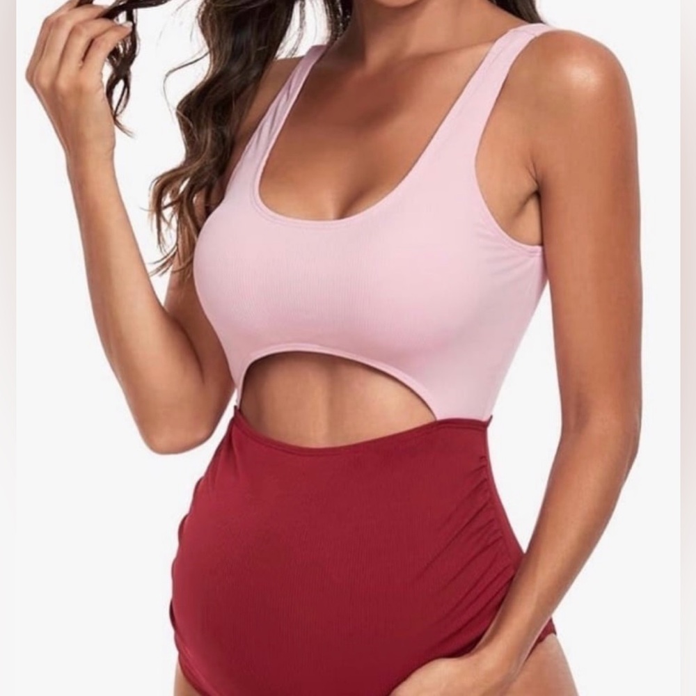 East Elegant Maternity One Piece Swimsuit Cutout Ribbed Pink Burgundy NWT Size L